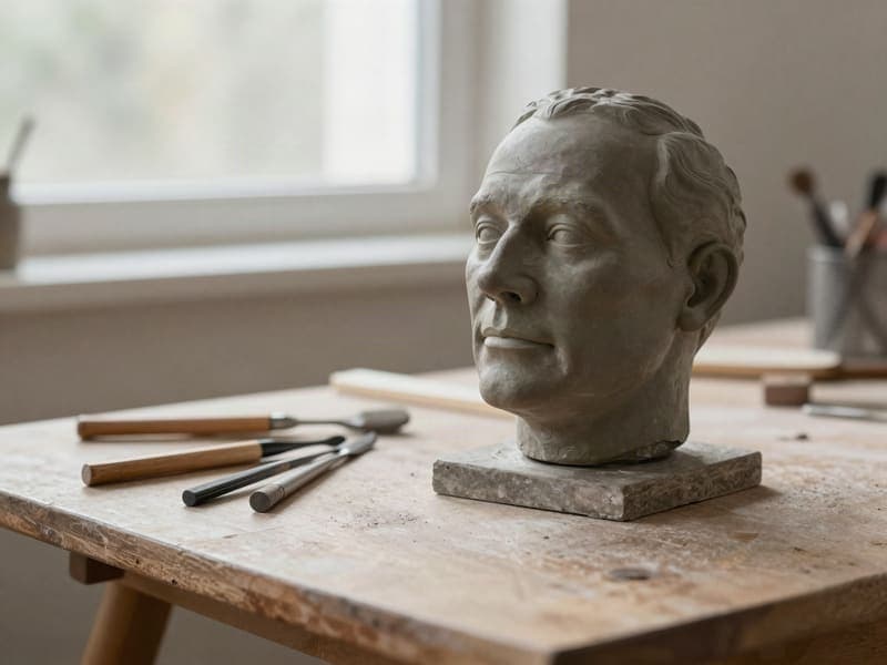 A clay sculpt of an older man's head on a workshop table, sculpted for an ageing prosthetic.