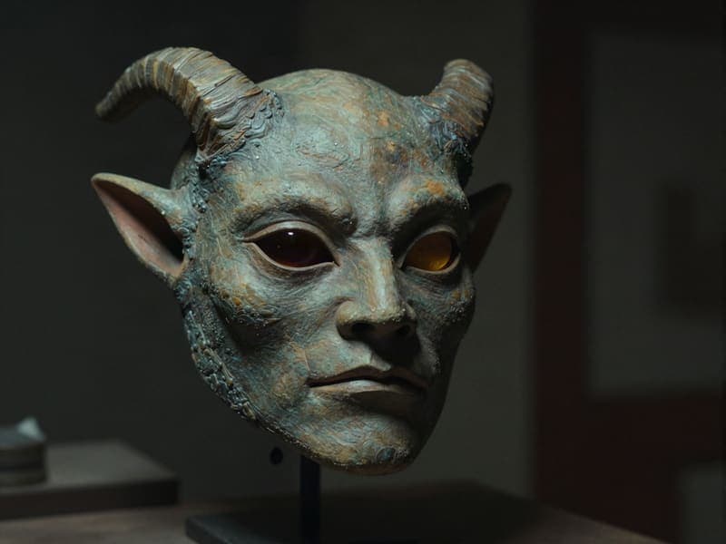 A horned, grey-green creature mask on a stand in a dim workshop.