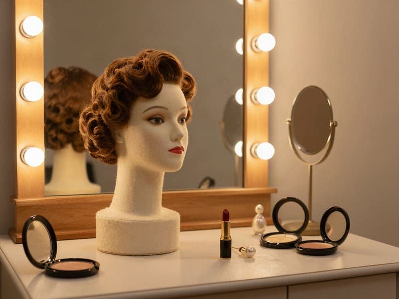 A 1920s finger-wave wig on a block head at a dressing-room mirror with bulbs.
