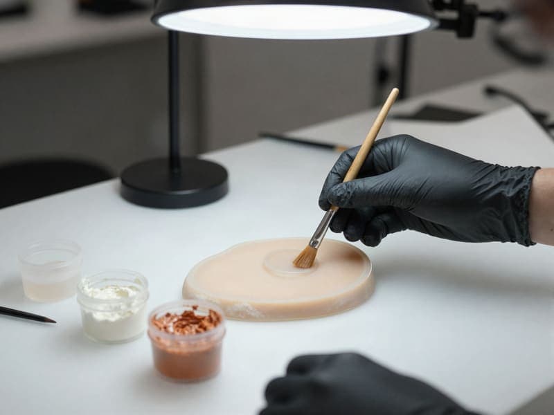 Gloved hands brushing silicone into a prosthetic mould on a workbench.