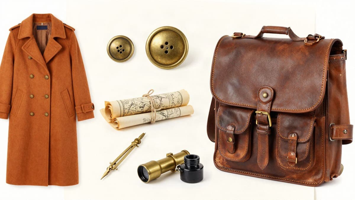 Costume and prop studies: an ochre coat, brass buttons, rolled maps, a drafting compass, a small brass telescope and a large leather satchel.