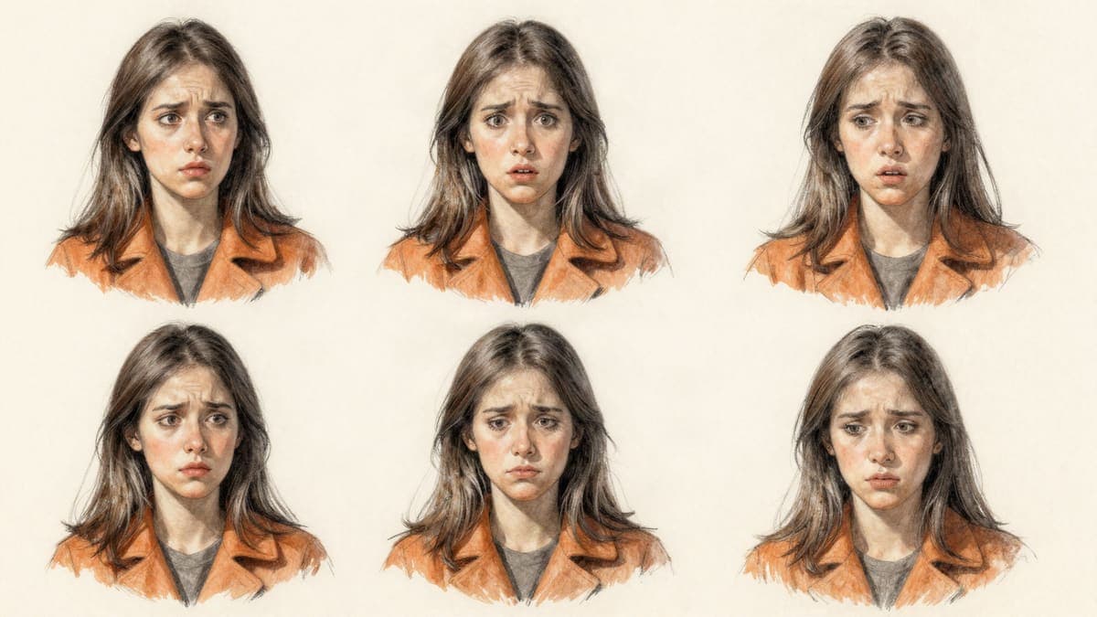 Six pencil and watercolour studies of Vera's face, each a variation of a worried expression.