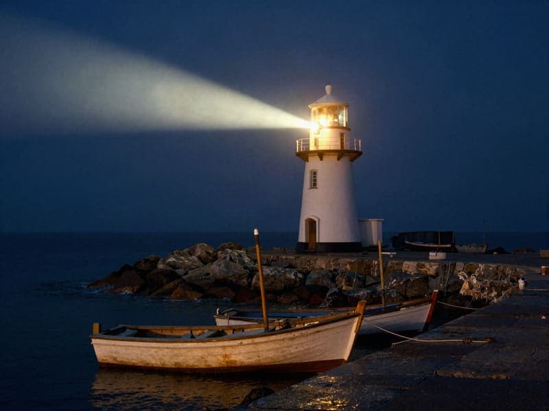 A lighthouse beam over a small harbor at night.