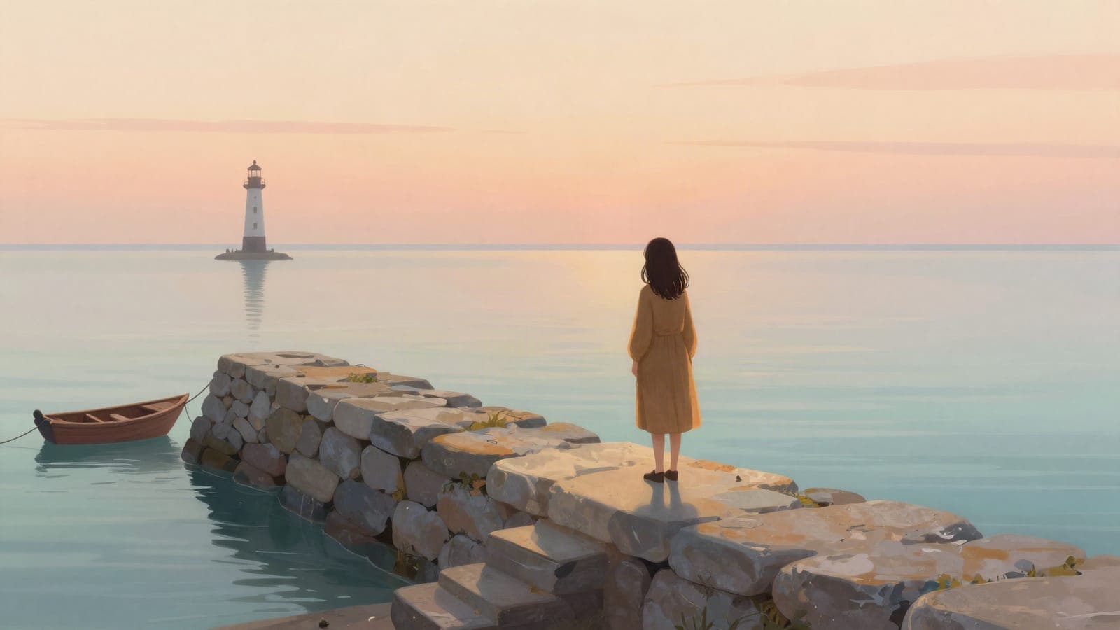 Cover illustration: a woman in an ochre coat on harbor steps at dawn.