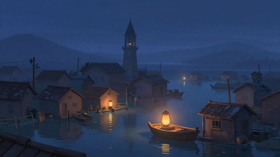 Key art: a flooded village at dusk with a lantern glowing on a small boat.