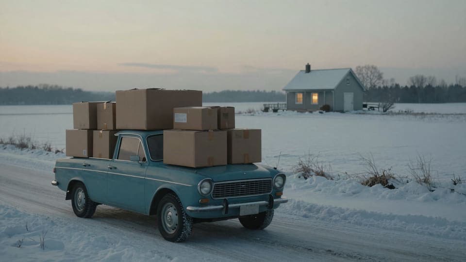 A car loaded with moving boxes on a snowy road at dawn.