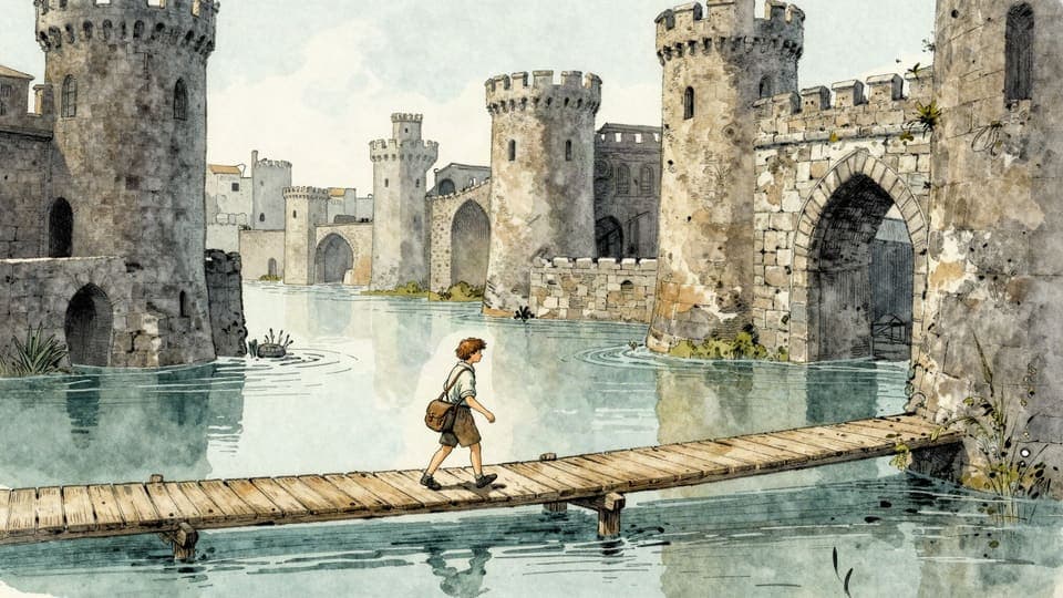 Ink and watercolour illustration of an apprentice crossing a walkway through a drowned city.